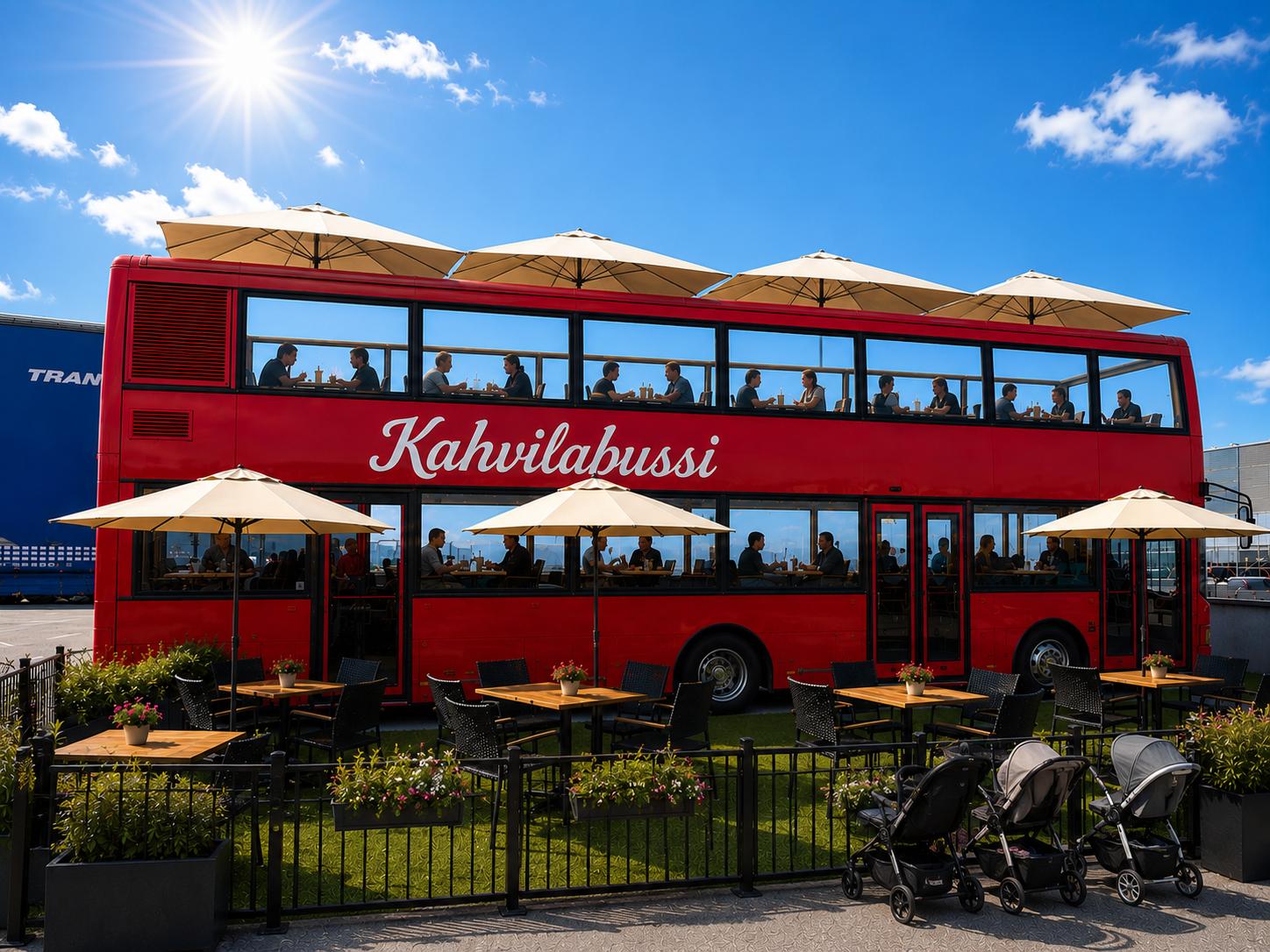 Punainen kaksikerroksinen Kahvilabussi ja terassi